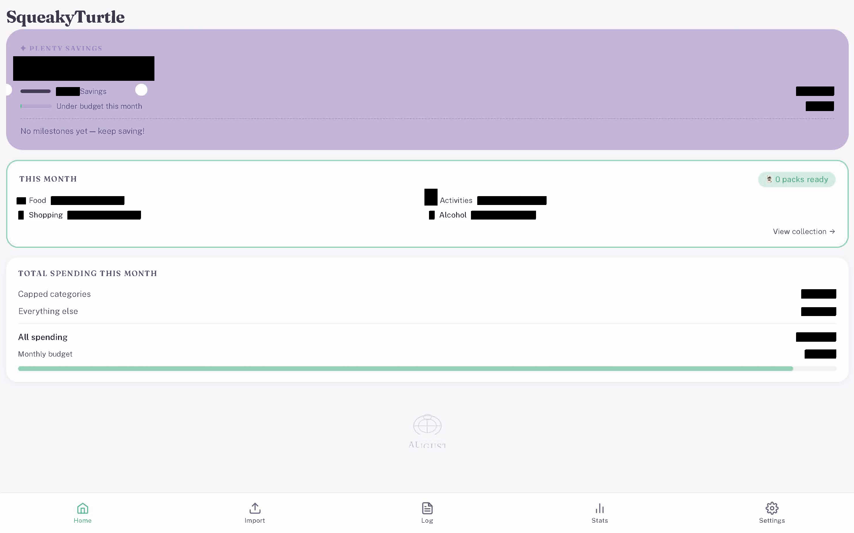 Squeakyturtle home screen with budget categories and savings