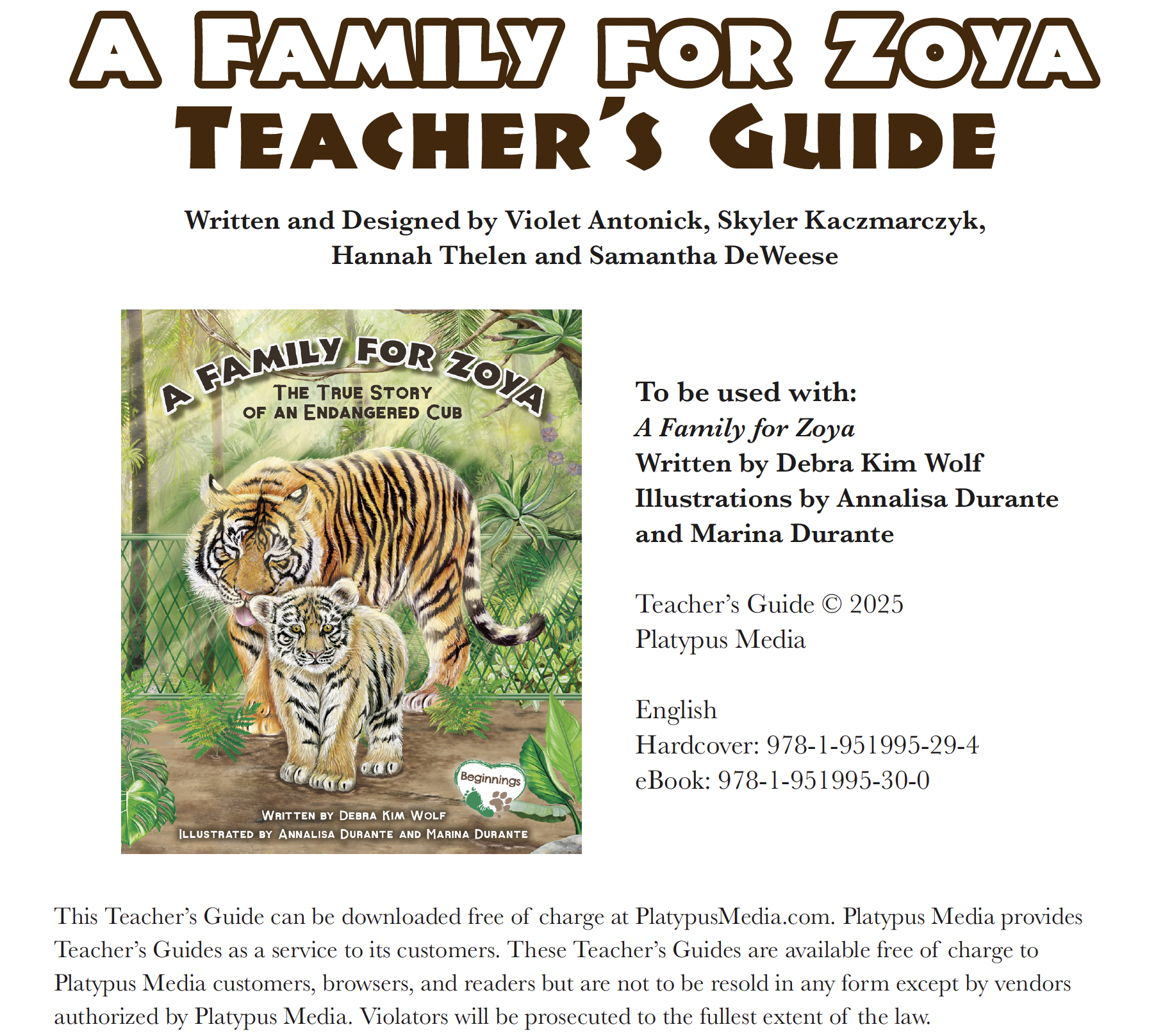 A Family for Zoya Teacher's Guide cover