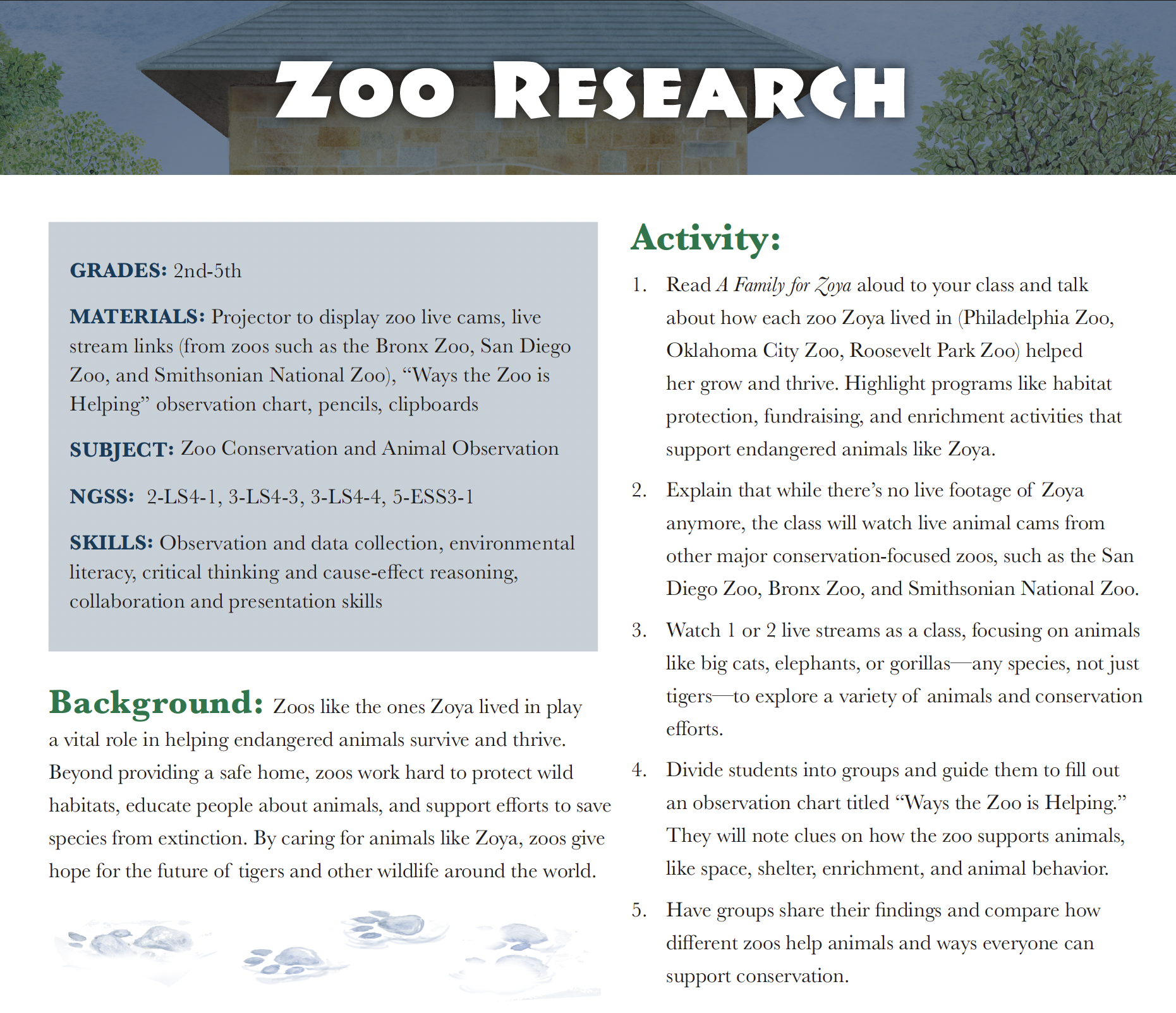 Teacher's Guide zoo research activity page